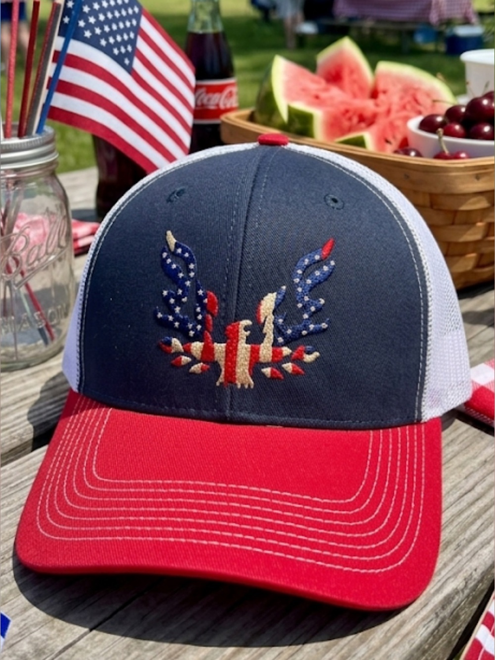 Patriotic Embroidered Trucker Hat Navy Red White with Eagle Design Unisex NWOT